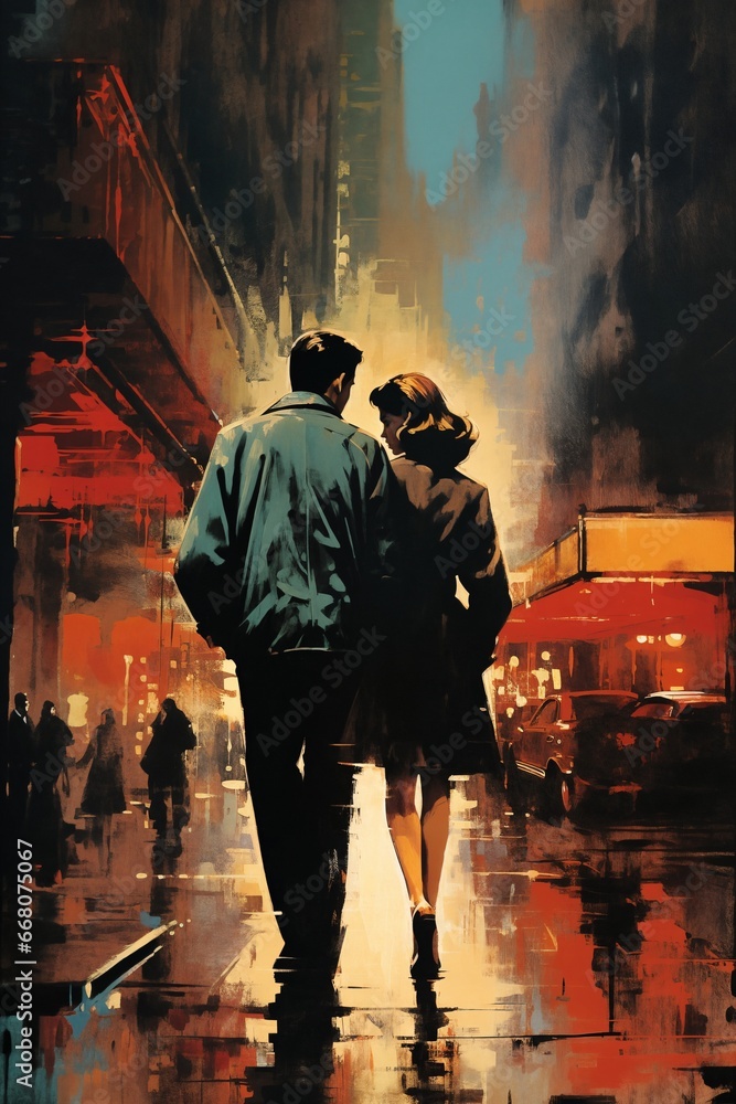 Romantic couple, man and woman, walking and embracing in a city street, at night, rainy weather, fog. Illustration, poster in the style of 1960