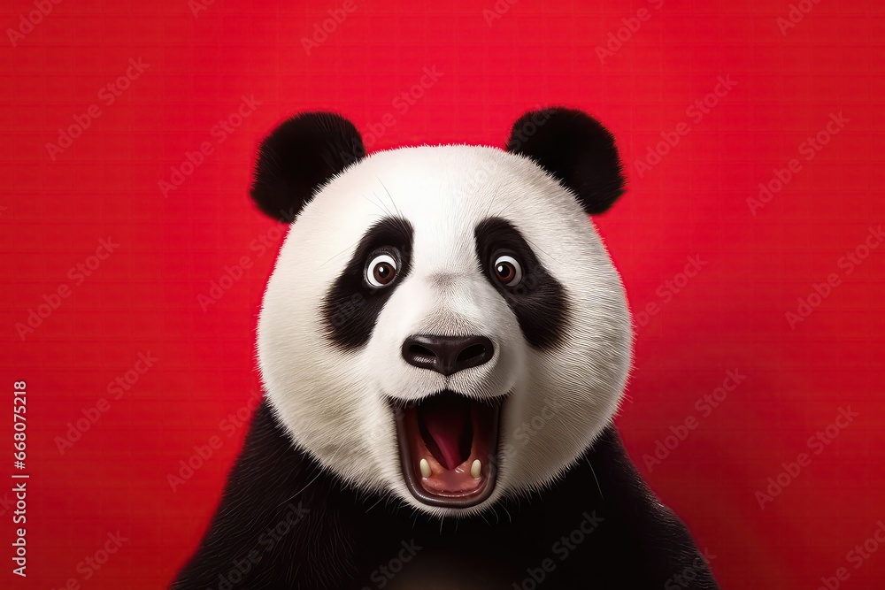 Surprised Panda With Big Eyes On Red Background Surprised Panda With Big Eyes On Red Background