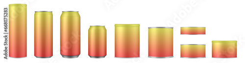 Set of yellow and orange tin cans and jars. Coffee or tea canister. Tin can for preserves or pet food. Beer, cocktail or soda can. Chips tube. Cookie jar. Round box for sugar or flour. Gradient colors
