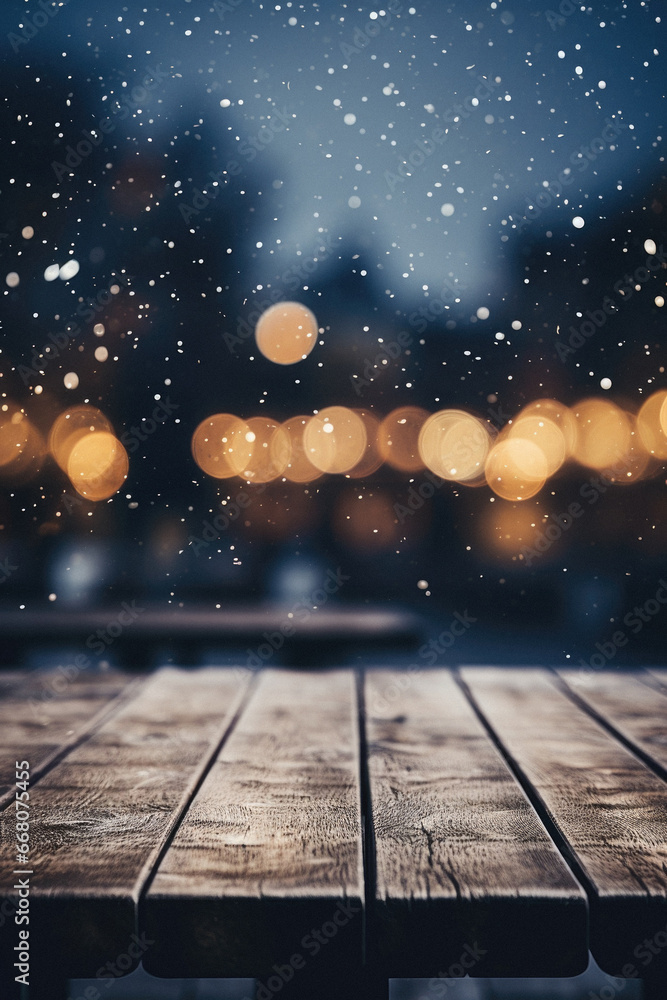 Wooden table in front of blurry city background with snowfall.