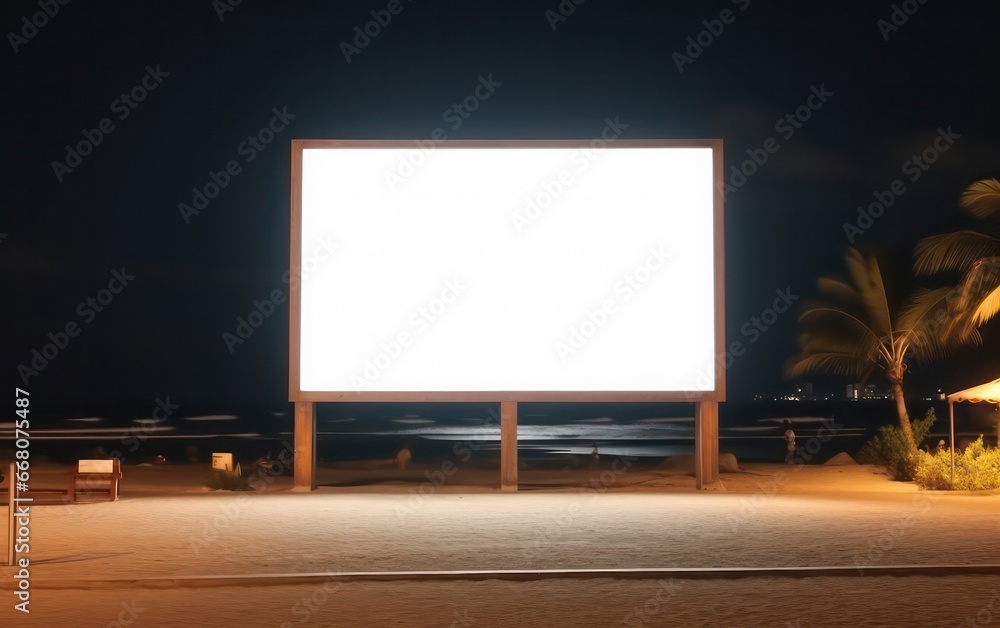 Beach billboard mockup with white screen. Business concept, empty frame. Beach billboard mockup with white screen. Business concept, empty frame.