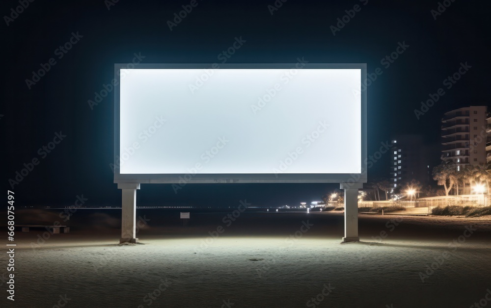 Beach billboard mockup with white screen. Business concept, empty frame.