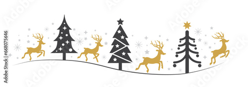 Banner of golden Reindeers, black Christmas trees and silver-colored stars in different design. - vector illustration