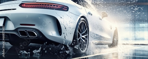 Close up view of luxury  sports car wash with fresh water drops, panorama. Generative Ai photo