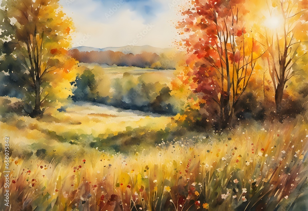 Watercolor painting of autumn meadow with small wildflowers during late autumn sunset with a sunflares in the background. Generative AI.