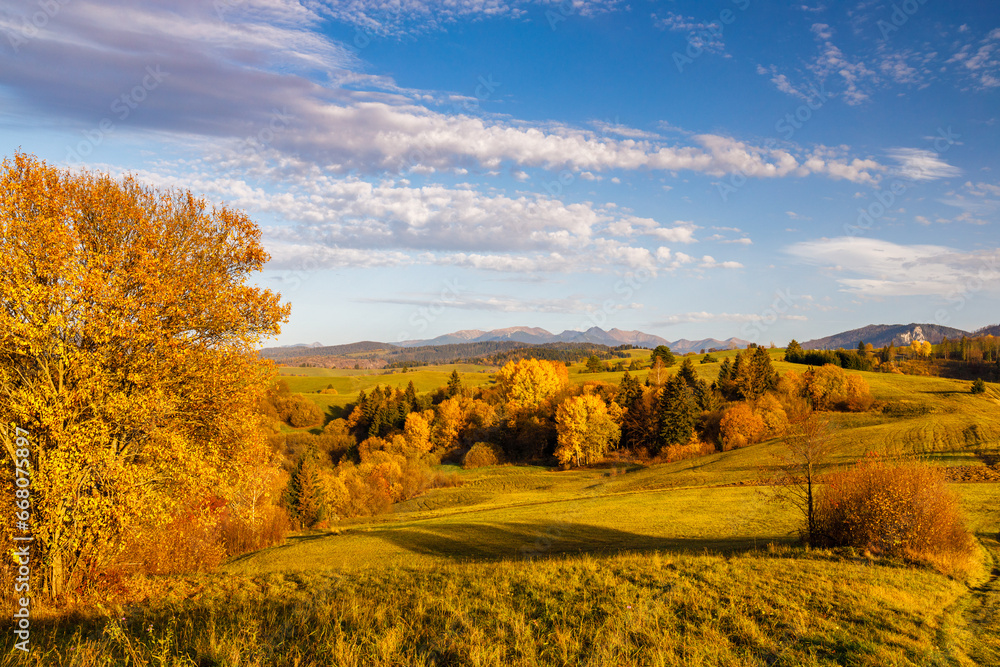 Autumn rural landscape with The Western Tatras mountains in Slovakia at sunset in a background. The Orava region of Slovakia, Europe.