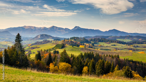 Autumn sunny rural landscape with mountains at background. The Orava region of Slovakia  Europe.