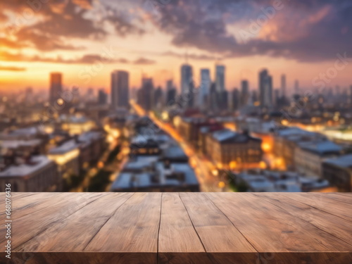 The empty wooden table top with blur background of cityscape. Exuberant image