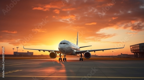 Sunset view of airplane on airport runway under dramatic sky © lelechka
