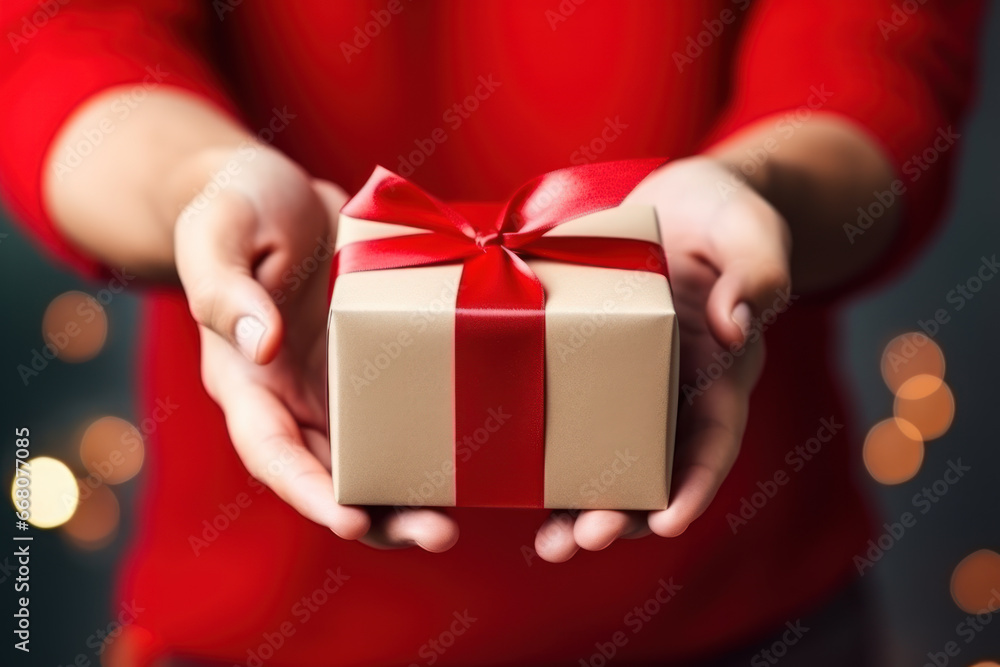 Hands holding gift box with red bow on blurred lights background