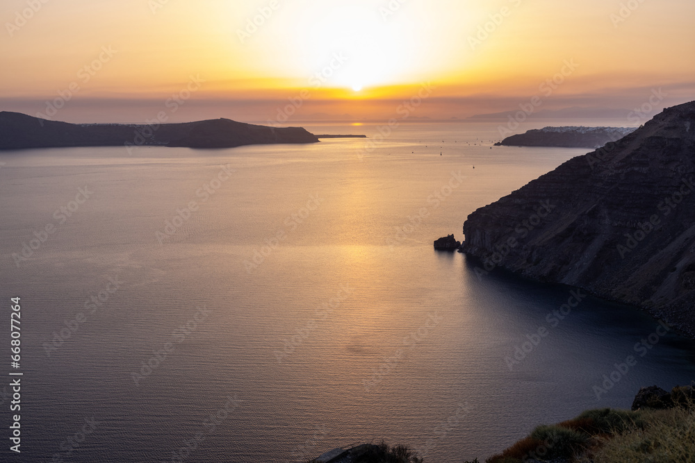 Sunset over Santorini as seen from Fira. Cyclades, Greece
