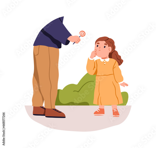 Stranger man giving, treating girl kid with sweet candy. Unknown person, pedophile offering lollipop to child. Maniac, pedophilia danger, risk. Flat vector illustration isolated on white background