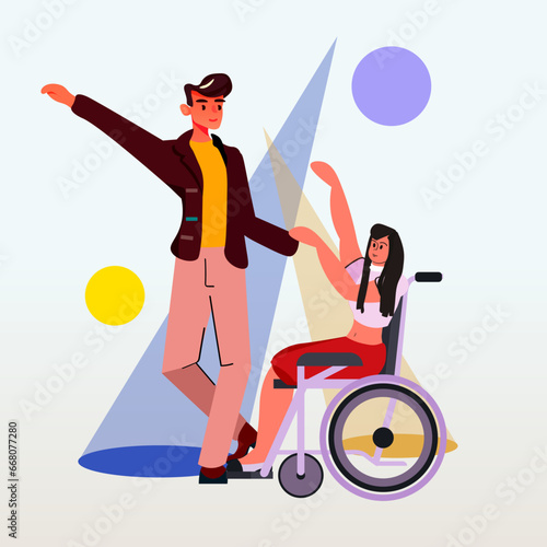 disabled woman sitting in wheelchair and dancing with man people with disabilities concept