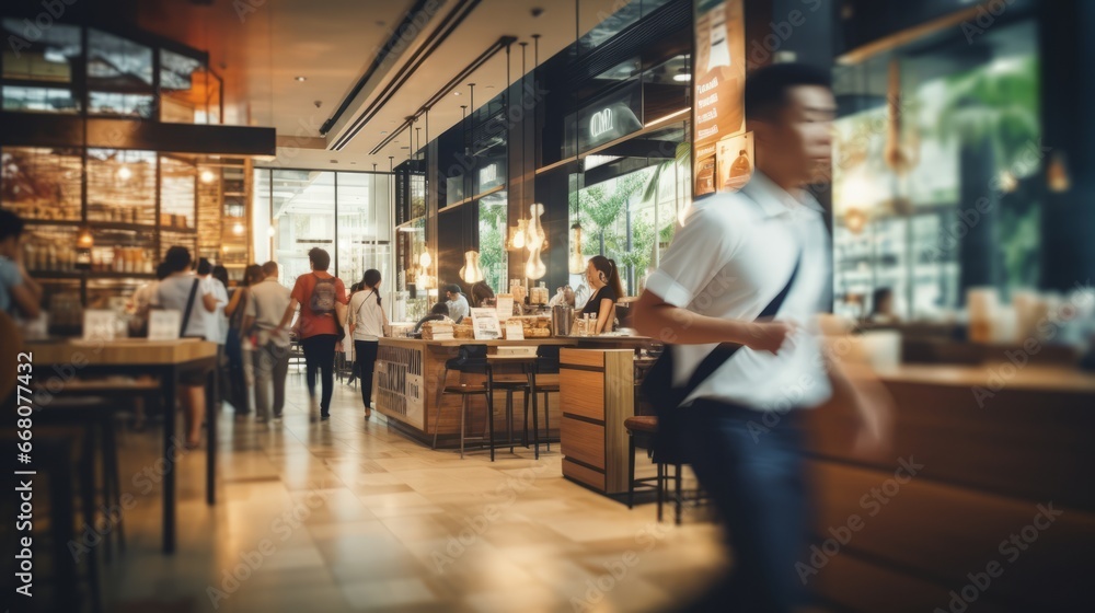 Blurred customers walking fast showing their movement in a coffee shop, cafe or restaurant, Blurred restaurant background with some people and chefs and waiters working. Blurred customers walking fast showing their movement in a coffee shop, cafe or restaurant, Blurred restaurant background with some people and chefs and waiters working.