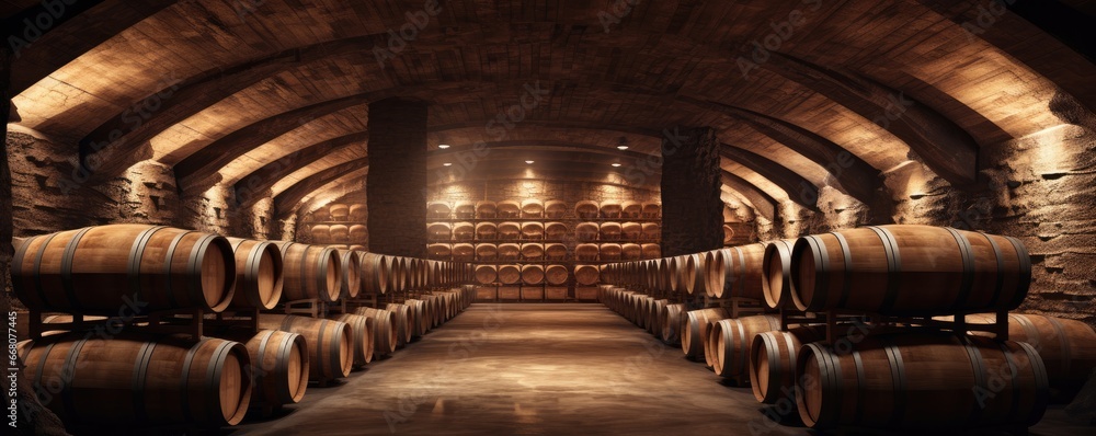 Modern luxury underground interior of old cellar with wine wooden barrels, panorama. Generative Ai. - obrazy, fototapety, plakaty 