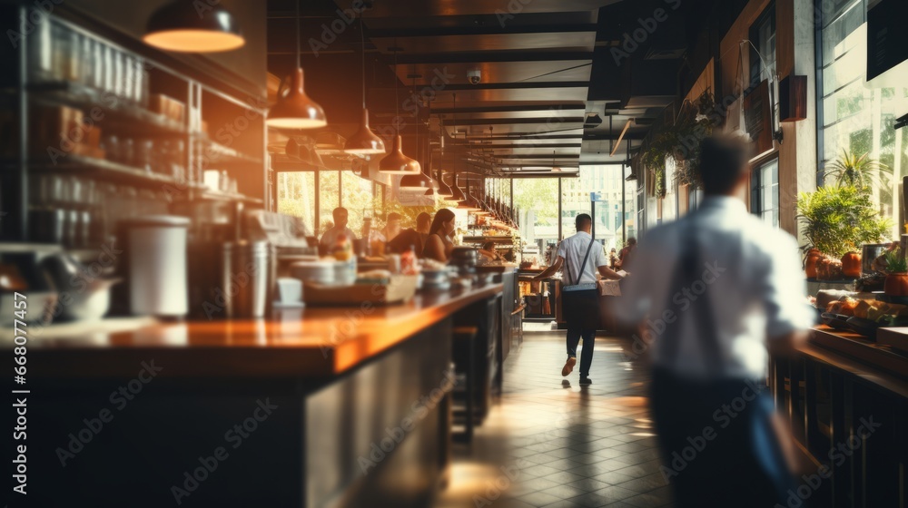 Blurred customers walking fast showing their movement in a coffee shop, cafe or restaurant, Blurred restaurant background with some people and chefs and waiters working.