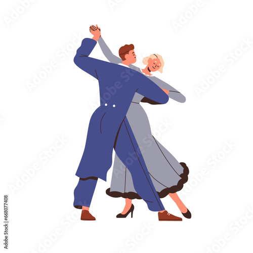 Duet ballroom dance. Couple dancers, man in suit, tailcoat and woman in elegant dress in foxtrot movement. Classic retro choreography performance. Flat vector illustration isolated on white background