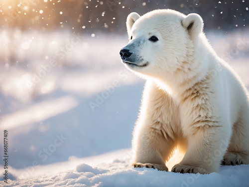 Small cute polar bear on the snow at sunset. Generative Ai © niki spasov