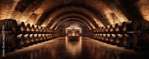 Modern luxury underground interior of old cellar with wine wooden barrels, panorama. Generative Ai. photo