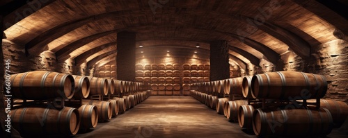 Modern luxury underground interior of old cellar with wine wooden barrels  panorama. Generative Ai.