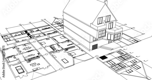 house architectural project sketch 3d illustration	
