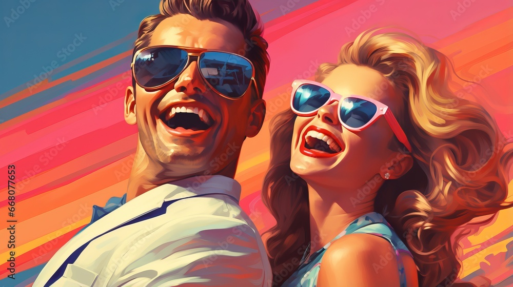 Vibrant portrait in retro pop art style of laughing couple in sunglasses capturing playful comic book aesthetics, symbolizes enduring joy of togetherness adventures, vibrant vintage promotional poster