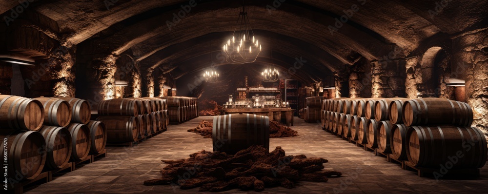 Image showcasing Modern luxury underground interior of old cellar with wine wooden ...