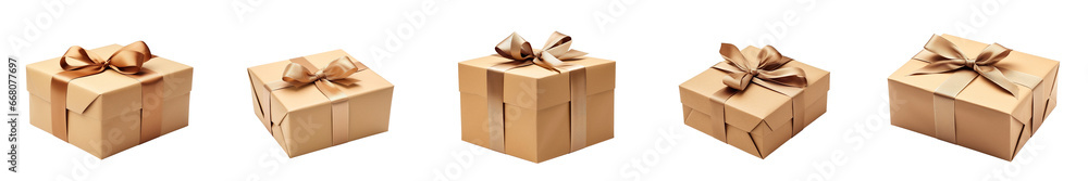 Set of brown kraft paper gift boxes with beige ribbon bow, christmas present. Wedding, birthday or other holidays festive element close up. Isolated cutout on transparent or white background. Set of brown kraft paper gift boxes with beige ribbon bow, christmas present. Wedding, birthday or other holidays festive element close up. Isolated cutout on transparent or white background.