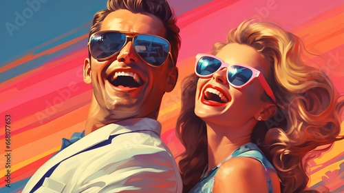 Vibrant portrait in retro pop art style of laughing couple in sunglasses capturing playful comic book aesthetics  symbolizes enduring joy of togetherness adventures  vibrant vintage promotional poster