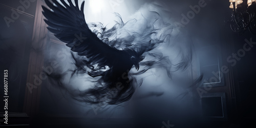 Mysterious fantasy ghost raven coming out of the smoke photo