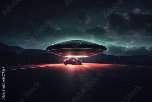 Ufo With Neon Lights Hovers Over Car On Road