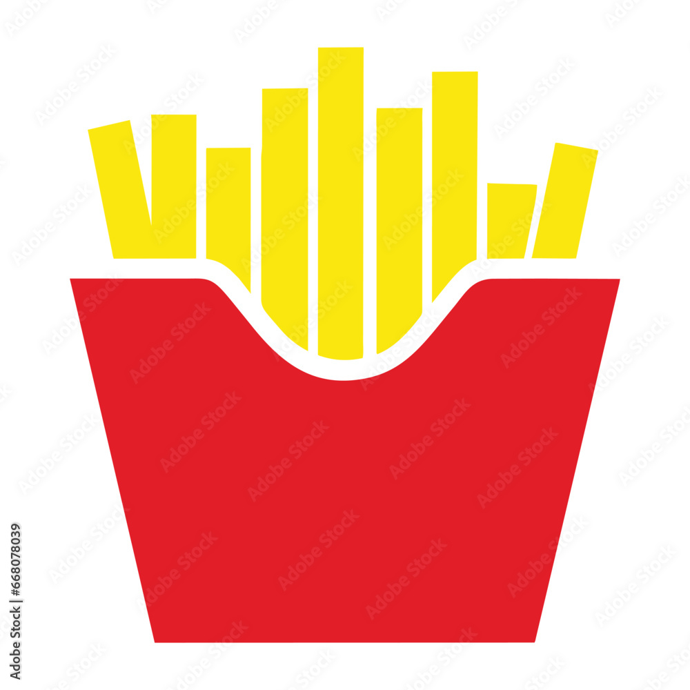 French fries icon, potato, fast food, red carton package box, flat vector isolated on white background French fries icon, potato, fast food, red carton package box, flat vector isolated on white background