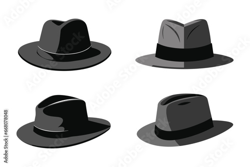 Black Fedora hat, gangster hat, men hat, trilby hat, vector illustration isolated on white background