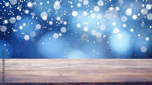 Beautiful snowy, defocused, blurred winter background and empty wooden flooring