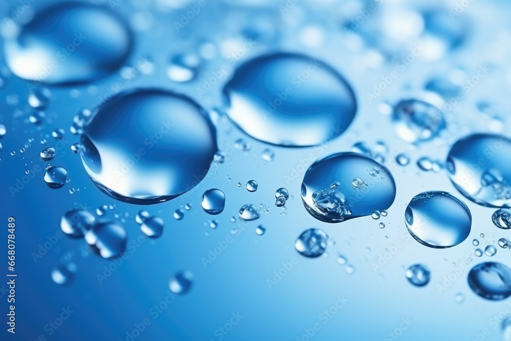 Macro water drops in blue clear drinking water. Generative Ai.