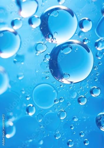 Macro water drops in blue clear drinking water. Generative Ai.