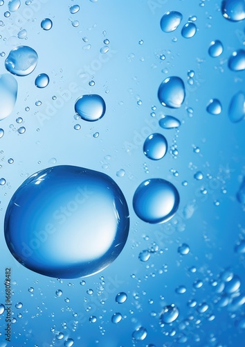 Macro water drops in blue clear drinking water. Generative Ai.