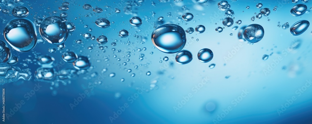 Macro water drops in blue clear drinking water, panorama banner. Generative Ai. Macro water drops in blue clear drinking water, panorama banner. Generative Ai.