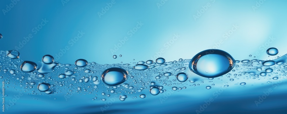 Macro water drops in blue clear drinking water, panorama banner. Generative Ai. Macro water drops in blue clear drinking water, panorama banner. Generative Ai.