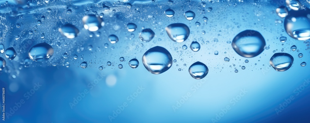 Macro water drops in blue clear drinking water, panorama banner. Generative Ai. Macro water drops in blue clear drinking water, panorama banner. Generative Ai.