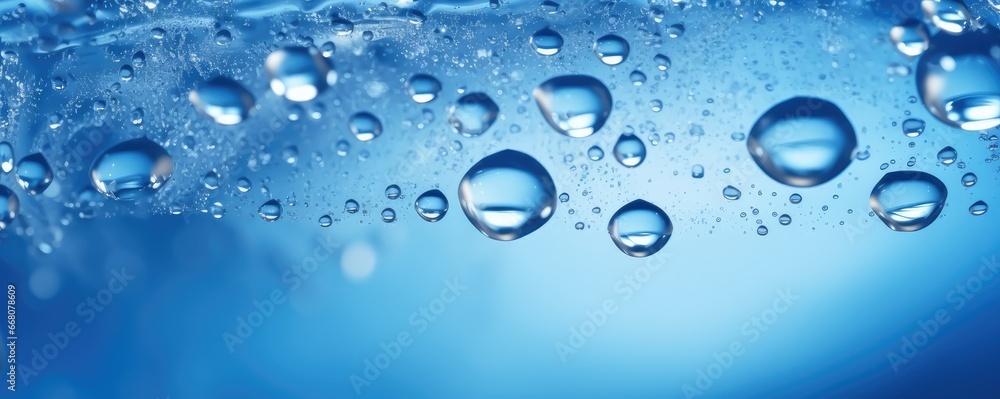 Macro water drops in blue clear drinking water, panorama banner. Generative Ai.