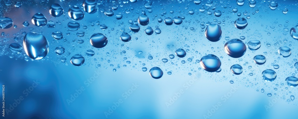 Macro water drops in blue clear drinking water, panorama banner. Generative Ai. Macro water drops in blue clear drinking water, panorama banner. Generative Ai.