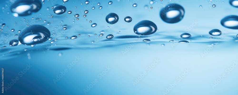 Macro water drops in blue clear drinking water, panorama banner. Generative Ai.