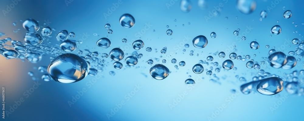Macro water drops in blue clear drinking water, panorama banner. Generative Ai. Macro water drops in blue clear drinking water, panorama banner. Generative Ai.