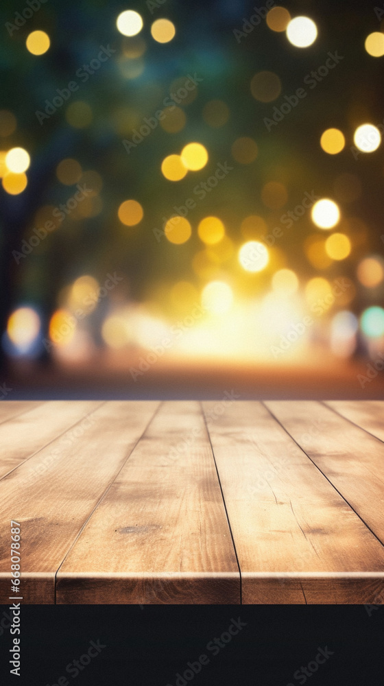 Wooden table in front of abstract bokeh background. Ready for product display mockup.