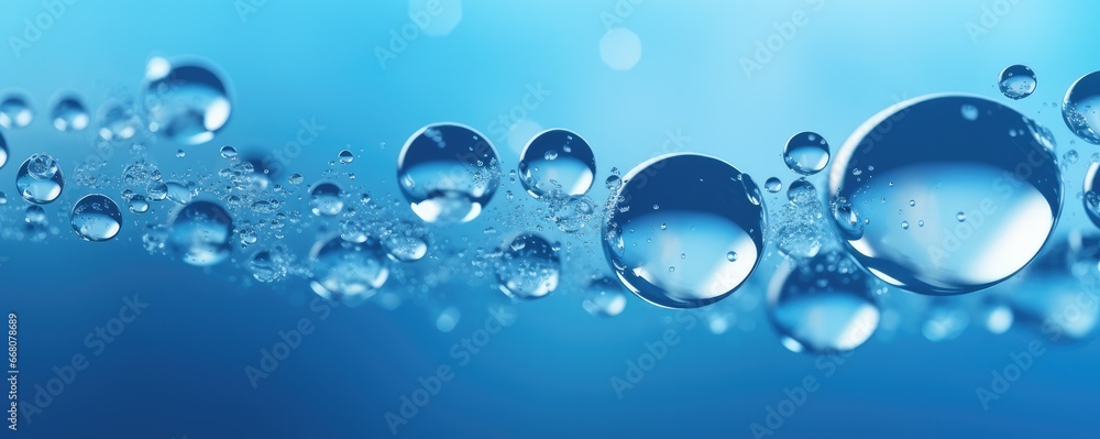 Macro water drops in blue clear drinking water, panorama banner. Generative Ai.