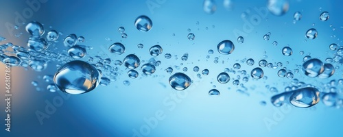 Macro water drops in blue clear drinking water, panorama banner. Generative Ai.