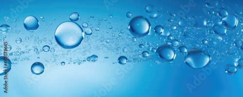 Macro water drops in blue clear drinking water, panorama banner. Generative Ai.