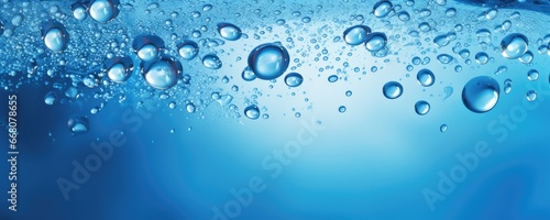 Macro water drops in blue clear drinking water, panorama banner. Generative Ai.