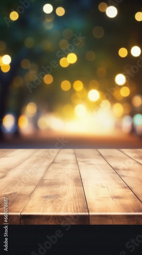 Wooden table in front of abstract bokeh background. Ready for product display mockup.